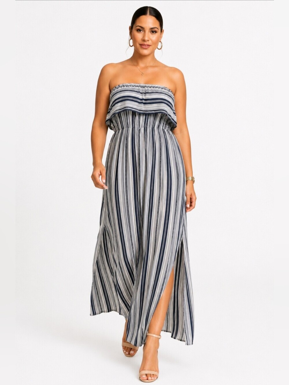 Ethereal Women's Strapless Striped Maxi Dress with Side Slit. Size M.